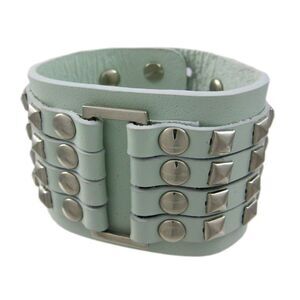 Gray Leather 4 Row Chrome Pyramid Stud Wristband